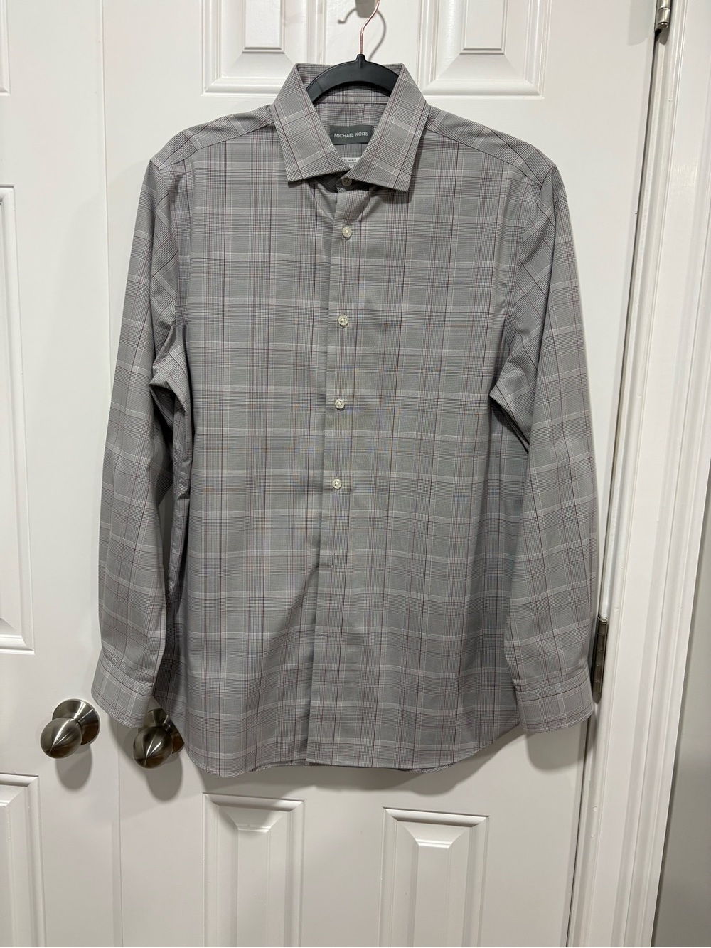 Michael Kors Men's Light Gray / Purple Plaid Dress Shirt